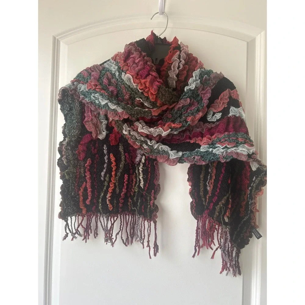 Handmade Ruffle Knit Scarf Multi Color Textured Fringe Viscose Blend 82x13